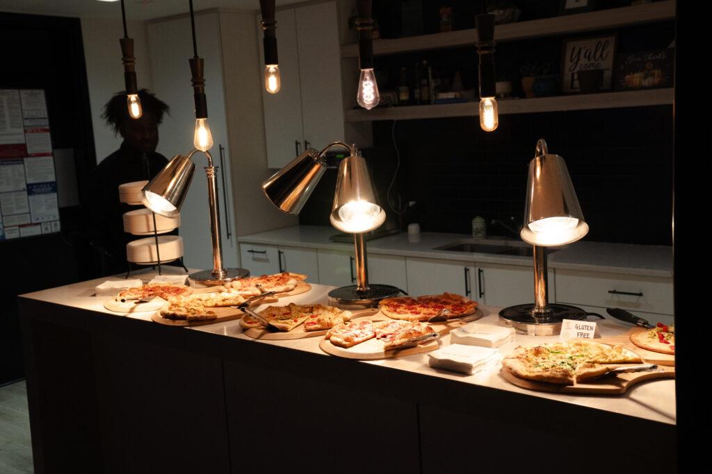 pizza display with heat lamps