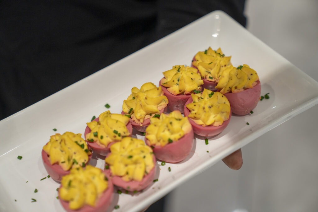 Pickled beet deviled egg cups